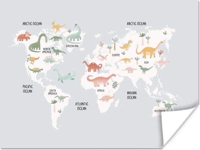 Kinderkamer - Wereldkaart - Dinosaurussen - 160x120 cm - Poster