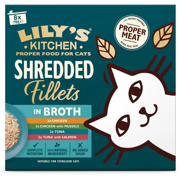 Lily's Kitchen Versnipperde filets voor katten 8 x 70 g - Gemengd pakket in bouillon (4 Soorten)