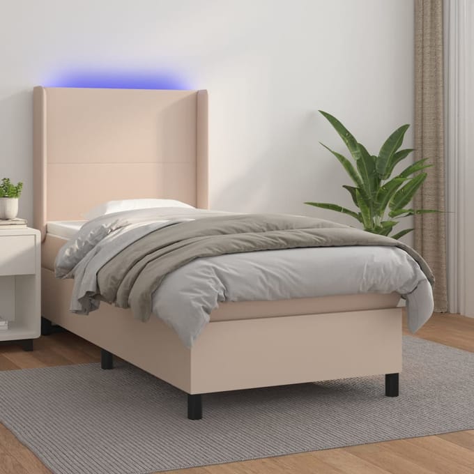 vidaXL - Boxspring - met - matras - en - LED - kunstleer - cappuccinokleur - 90x200 - cm