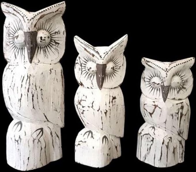 Uilen set hout 3 delig 30/24/20 cm antique white