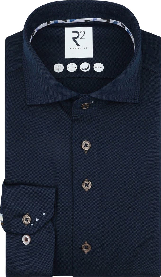 R2 Overhemd Technical Knitted Dobby Donkerblauw (navy) - Maat 45 - Heren - Overhemden Formeel