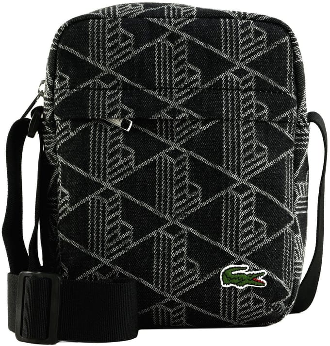 LACOSTE schoudertas Vertical Camera Bag Mono Jacquard Denim Noir zwart