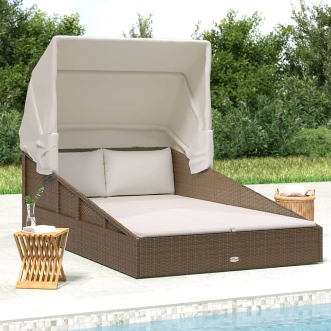 vidaXL - Ligbed - met - inklapbaar - dak - 200x114x128 - cm - poly - rattan - bruin