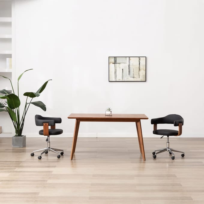 vidaXL - Eetkamerstoelen - draaibaar - 2 - st - gebogen - hout - en - kunstleer - zwart