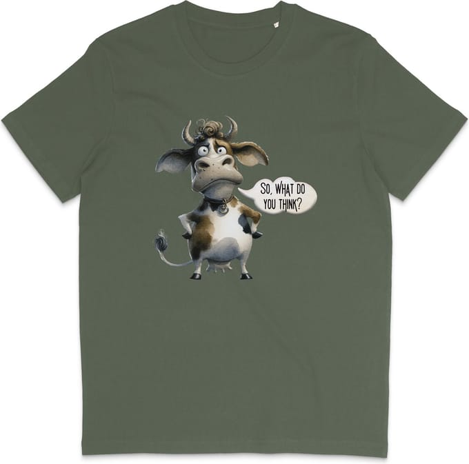 Grappig T Shirt Heren en Dames - Koe Print en Tekst / Quote - Groen Khaki - M