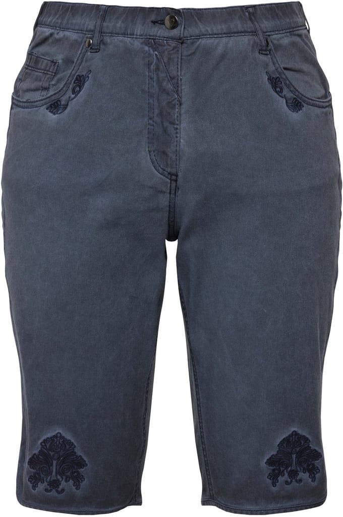 Ulla Popken - Dames - korte folklore jeansbroek Mandy used look stiksel - Marine - Maat 46