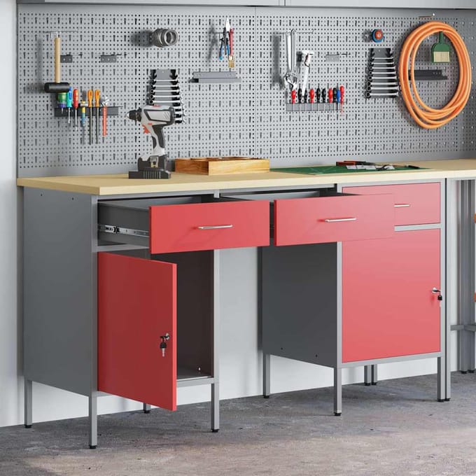 vidaXL - Werk - Cabinet - 3 - st - Rood - en - Grijs - Engineered - hout - en - staal