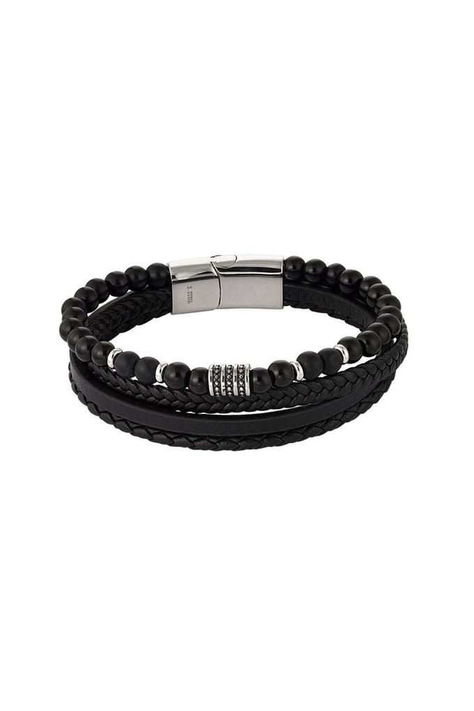 Heren Armband Leer - Zwart/Zilver - Stainless steel - Magneetsluiting