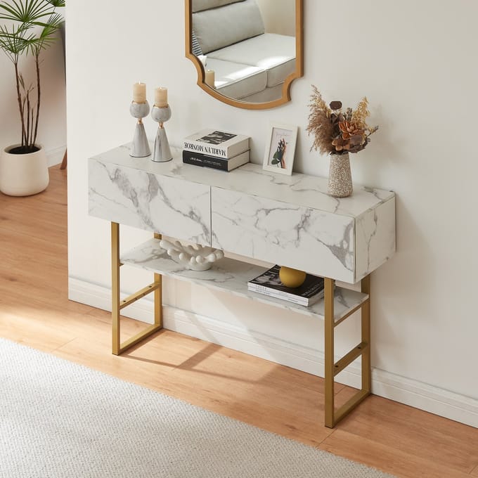 Consoletafel Varberg 120x30x75 cm marmerlook wit en goudkleurig [en.casa]