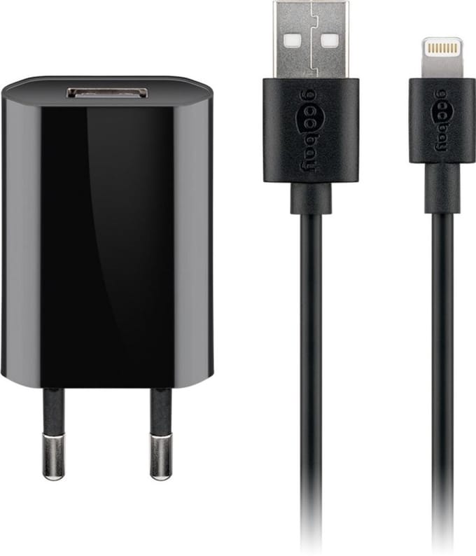 Goobay 5 W Apple Lightning oplaadset, 52,9 mm lang, Voeding met Apple Lightning-kabel 1 m (zwart)