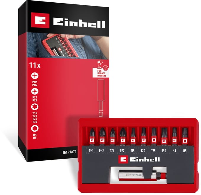 Einhell slagbitset 11-delig (25 mm slagbits PH/PZ/T/H, S2-staal, magnetische bithouder E 6.3, opbergkoffer met standaardfunctie)