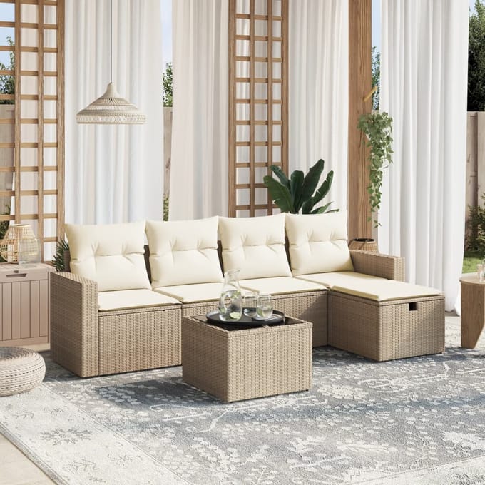 vidaXL - 6-delige - Loungeset - met - kussens - poly - rattan - beige
