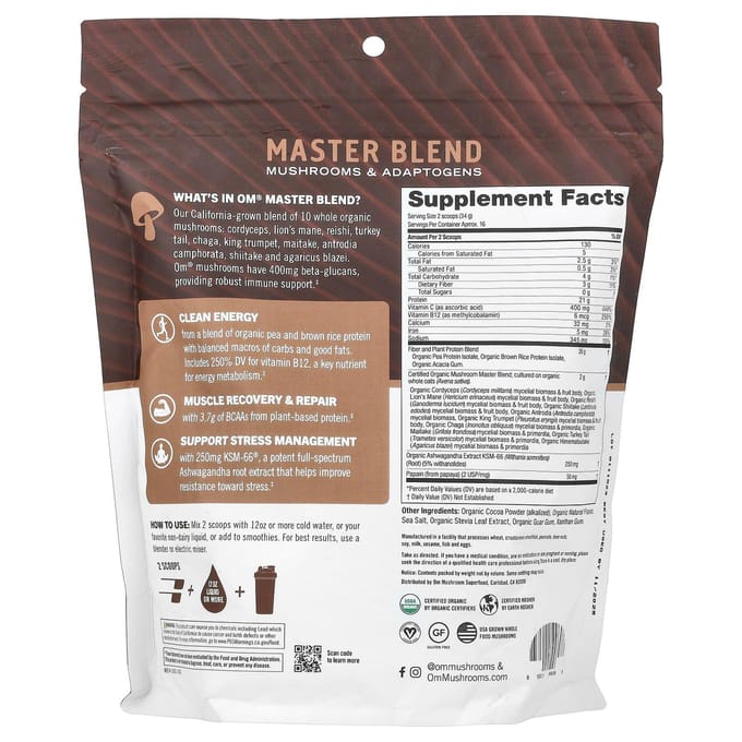 Om Mushrooms, Mélange Maître, protéine végétale, saveur crémeuse de chocolat, 1,2 lb (546 g)