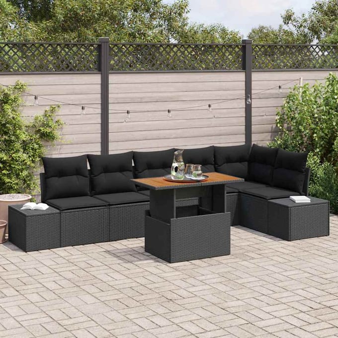 vidaXL Tuin Eettafel Set met kussen 7 pcs Zwart en Bruin