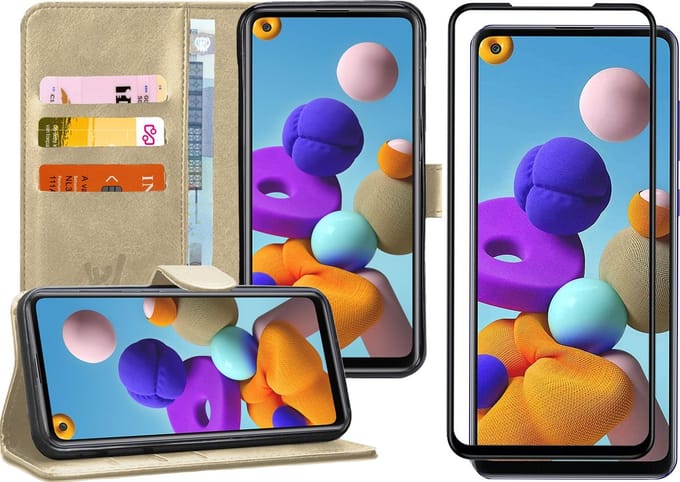 Hoesje geschikt voor Samsung Galaxy A21s - Screen Protector FullGuard - Book Case Kunstleer Pasjeshouder Goud & Screenprotector
