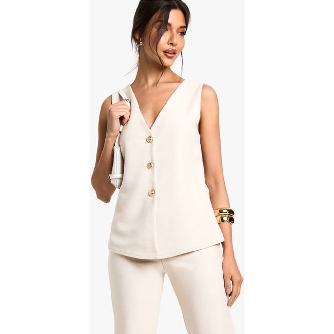 boohoo Dames Gestructureerd vest met knoopsluiting, V-hals en lange snit | Creme | Maat: 38
