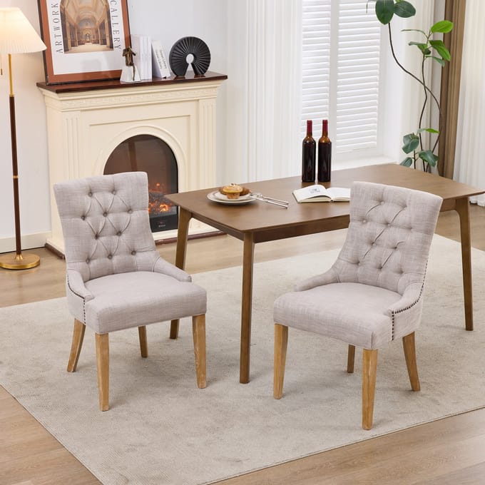 MODENUIT Eetkamerstoel – Stoffen Bekleding – Set van 2 – Gevoerde Rugleuning met Eikenhouten Poten – Beige