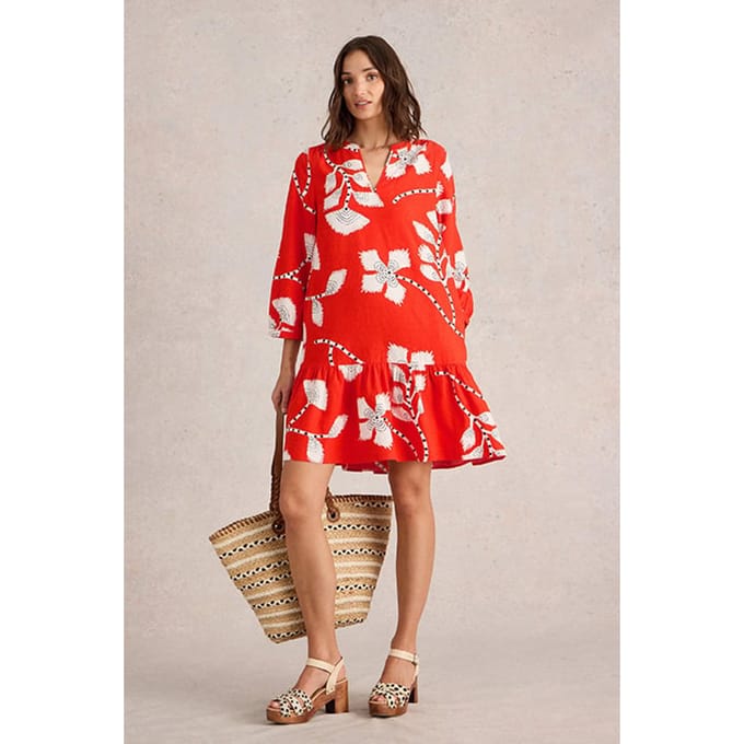 White Stuff Otto Linen Blend Dress Orange Print Größe: 6 | Minikleider Outlet | Damen | Weiß