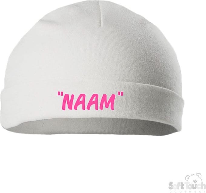 Soft Touch Mutsje Rolmutsje Bedrukt "Met Eigen Naam"Lettertype BONOCO Wit/roze Maat 0-3 maanden Maat 56/62