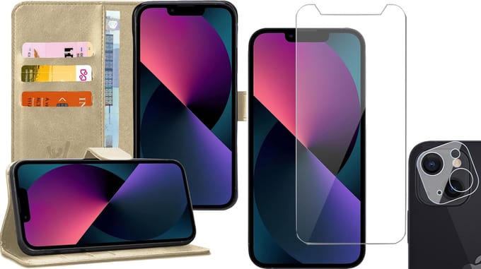 Hoesje geschikt voor iPhone 13 Mini - Book Case Kunstleer Wallet - Goud - Met Screenprotector en Camera Screen Protector