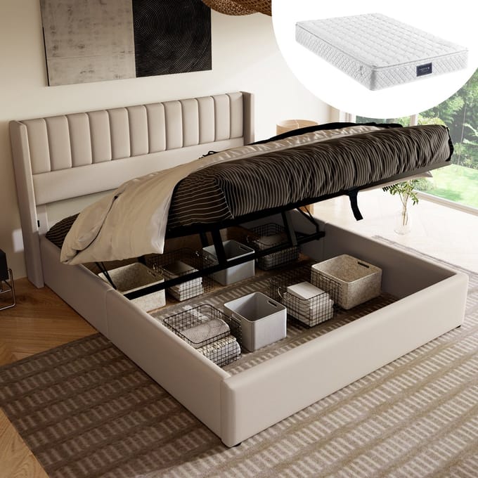 MODENUIT Gestoffeerd bed 140x200 cm – Hydraulische opbergruimte – Lattenbodem – Met matras – Linnen – Beige