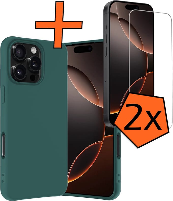 Hoes - Met 2x Screenprotector - Geschikt voor Apple iPhone 16 Pro Max - Sterk & Shockproof - Back Cover - Siliconen Case - Telefoon Hoes - Donkergroen