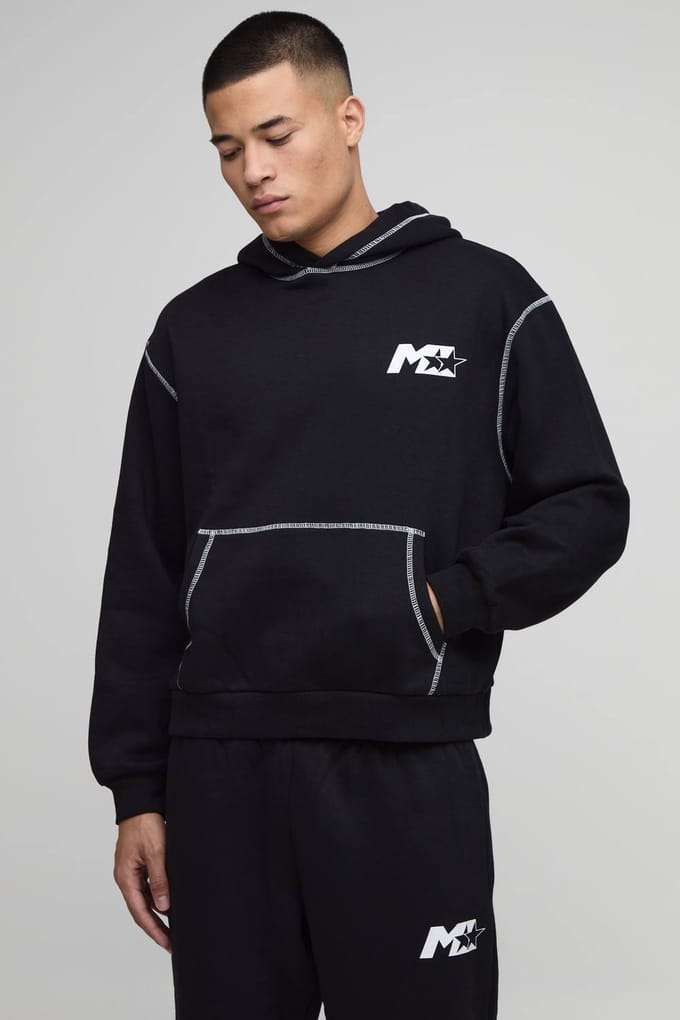 Oversized Boxy M Star Trainingspak met capuchon en contraststiksels | Black | Size Medium