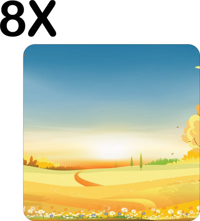 Luxe Placemat - Getekend - Rustgevend Herfst Landschap - Set van 8 Placemats - 50x50 cm - 2 mm dik Vinyl - Anti Slip - Afneembaar