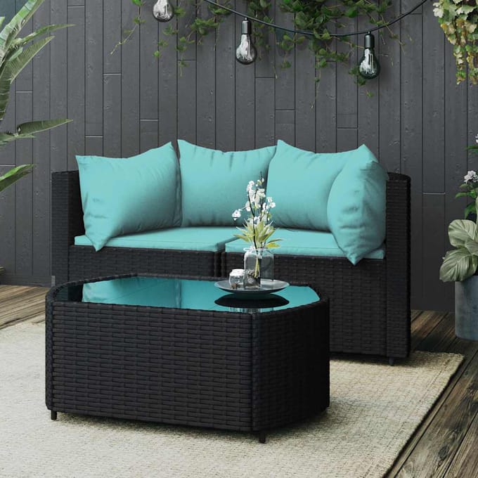 vidaXL - 3-delige - Loungeset - met - kussens - poly - rattan - zwart