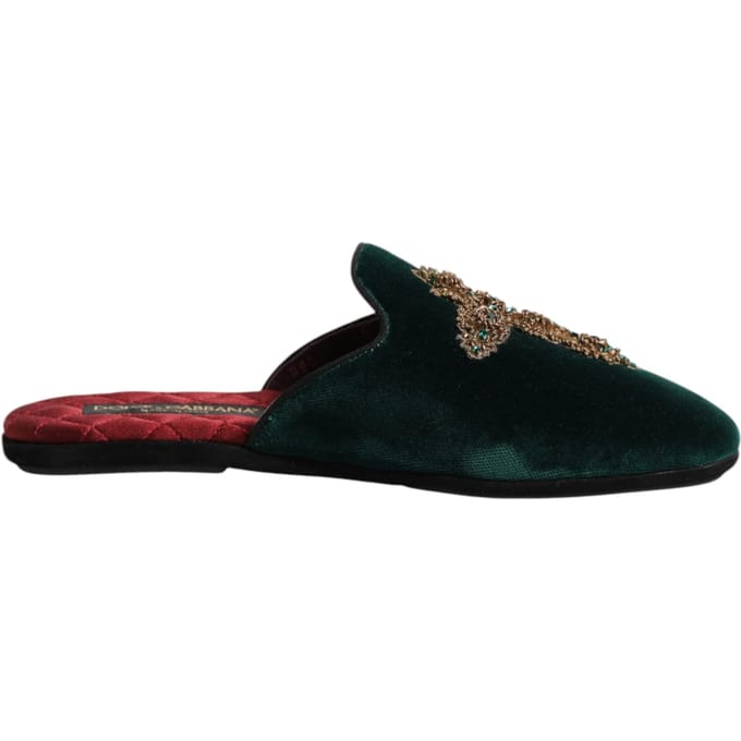 Dolce & Gabbana Groene Fluwelen Kruzend Versierde Slipperschoenen