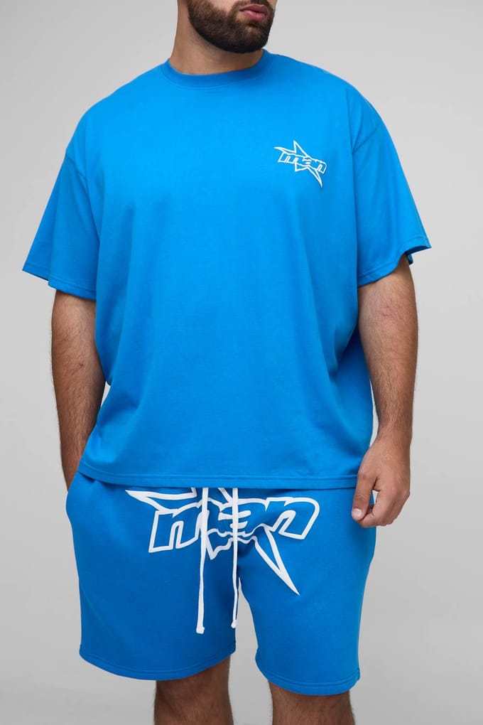 Plus Men's Star Puff Print Oversized T-Shirt & Relaxed Jersey Short Set | Blue | Size 2XL