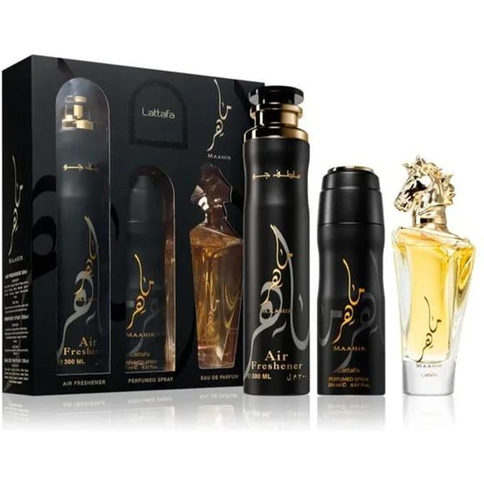 Lattafa - Maahir Cadeauset -100 ml Eau de Parfum - 200 ml Deodorant - 300 ml Luchtverfrisser