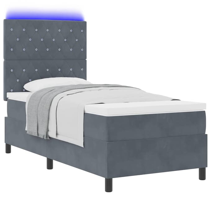 vidaXL - LED - Box - Spring - Bed - met - matras - Donkergrijs - 90 - x - 190 - cm - Fluweel