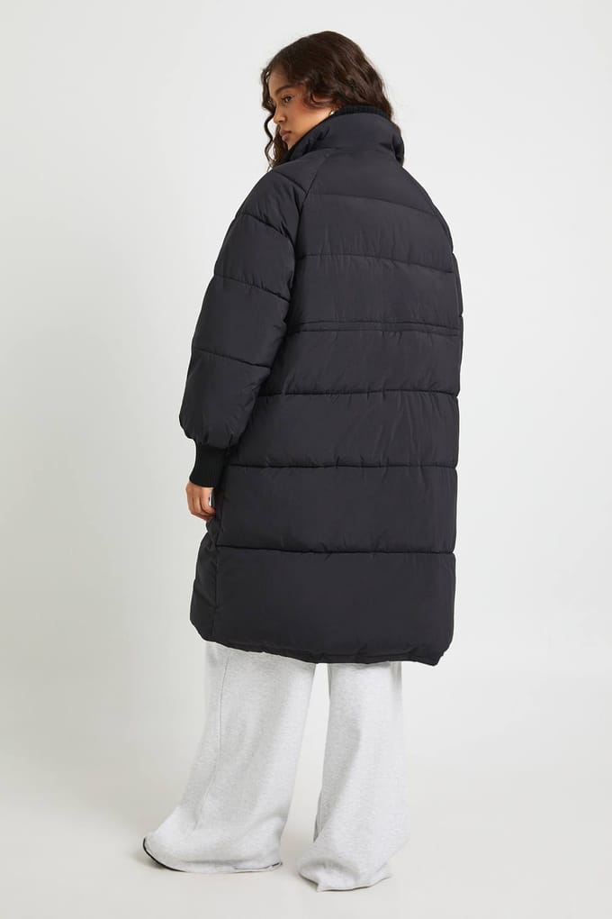 boohoo Dames Rib Detail Longline Puffer Jas | Black | Maat: 8