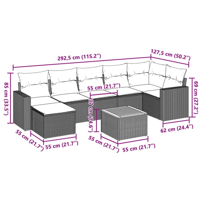 vidaXL - 8-delige - Loungeset - met - kussens - poly - rattan - zwart
