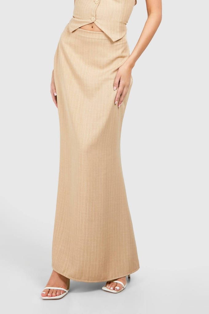 boohoo Dames Lange geweven pinstripe maxi-rok | Steen | Maat: 42