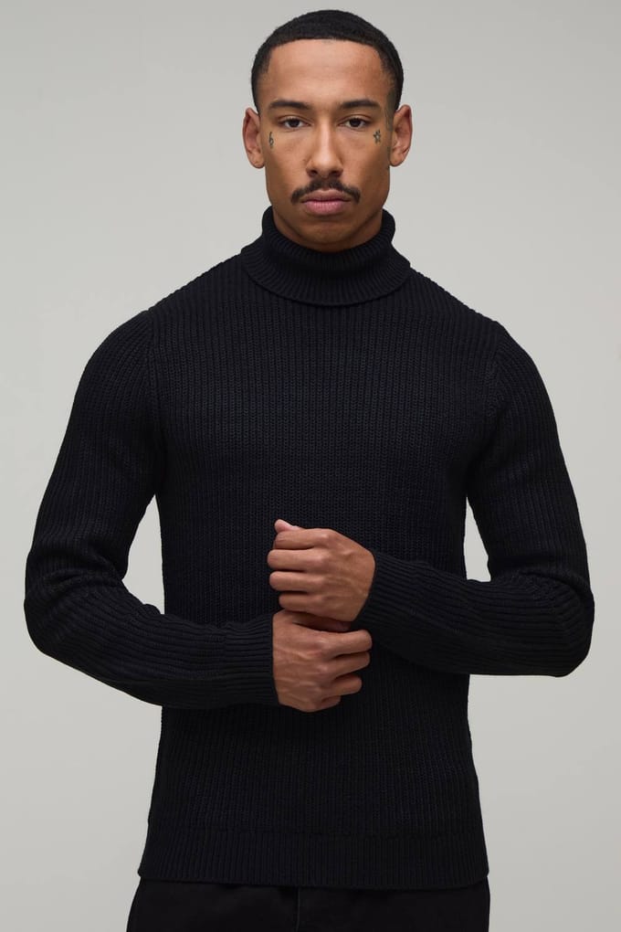 Geribbelde Coltrui Gebreide Trui Met Muscle Fit | Black | Size Medium