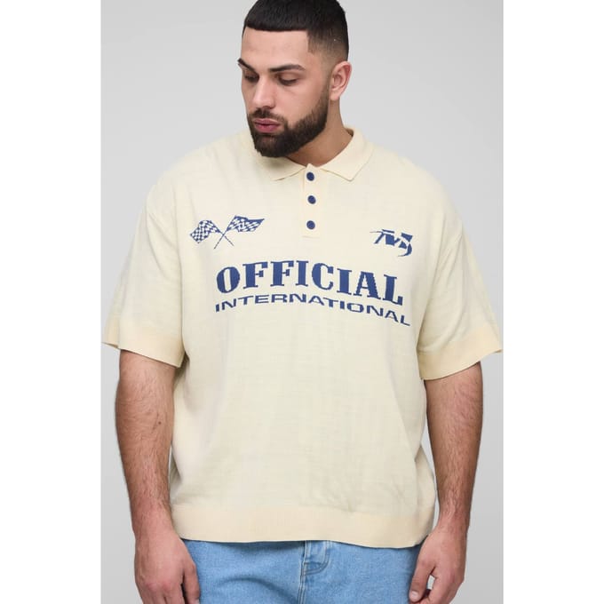Plus Oversized Official Moto Short Sleeve Knitted Polo | Stone | Size 2XL