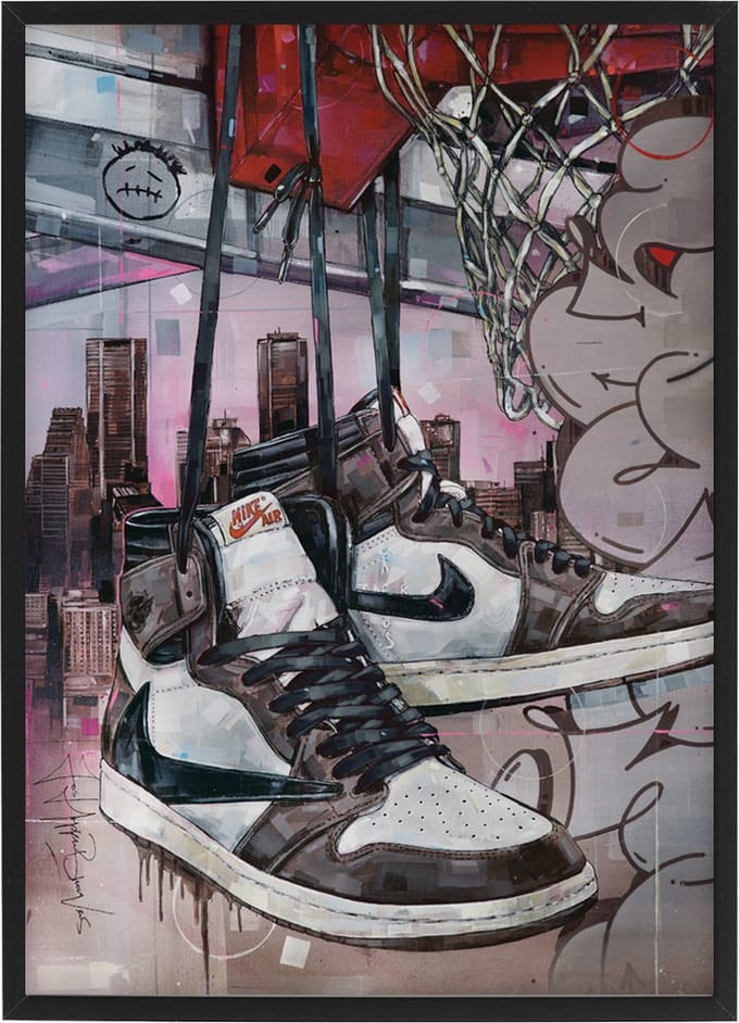 Sneaker print high - black laces basket 30,6x43 cm (A3) *ingelijst & gesigneerd