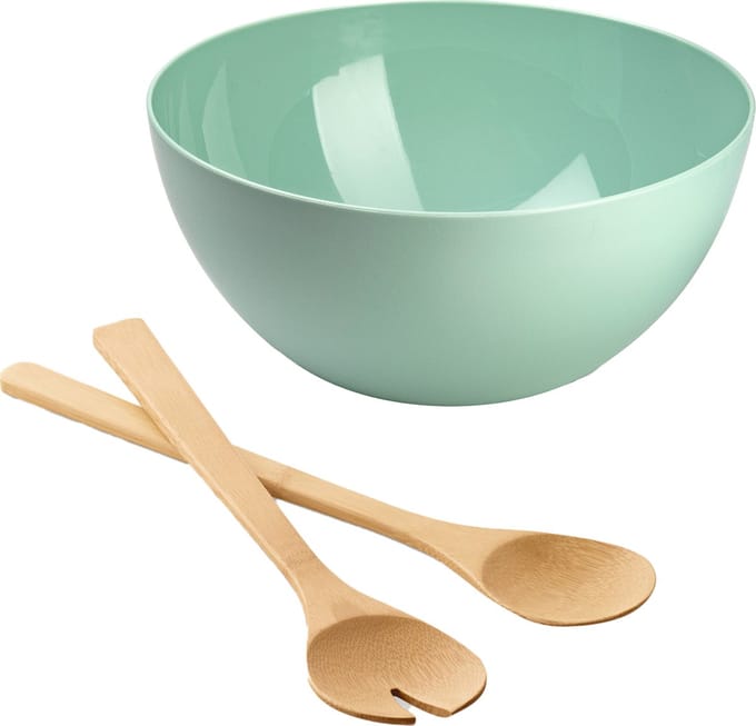 Salade/fruit serveer schaal - mint - kunststof - Dia 28 cm - met bamboe Sla couvert/bestek van 30 cm