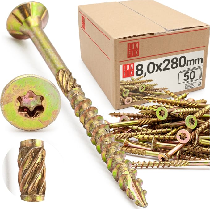 Spanplattenschroeven 8x280 mm - 50 stuks - TX30 (I-Ster) - Verzinkte kop/freesribben - Torx Schroeven