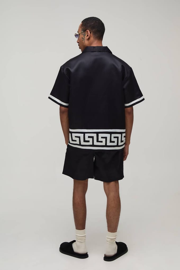 Oversized Short Sleeve Abstract Boarder Print Satin Shirt & Short Set | Black | Size Medium