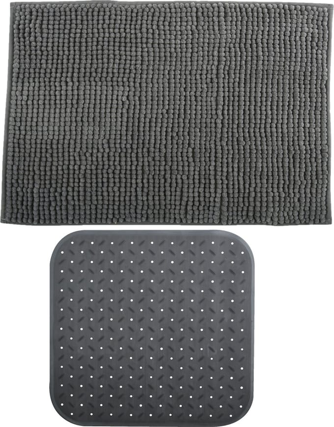 MSV Douche anti-slip mat en droogloop mat - Sevilla badkamer set - rubber/microvezel - donkergrijs