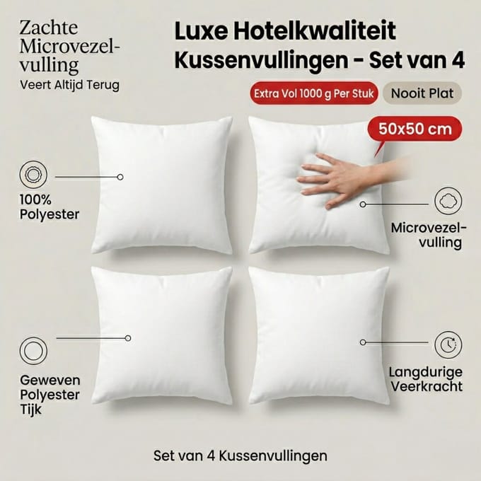 Set van 4 | BINNENKUSSEN - 50x50 cm | 1000 gram/stuk | Kussenvulling | 100% Polyester | Vulling - Microvezel