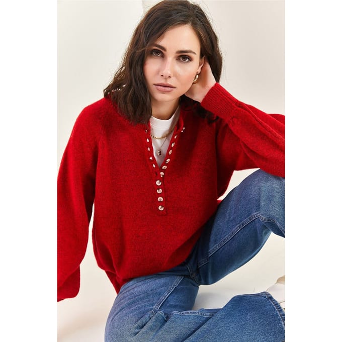 Knopenkraag Relaxed Fit Gebreide Trui
