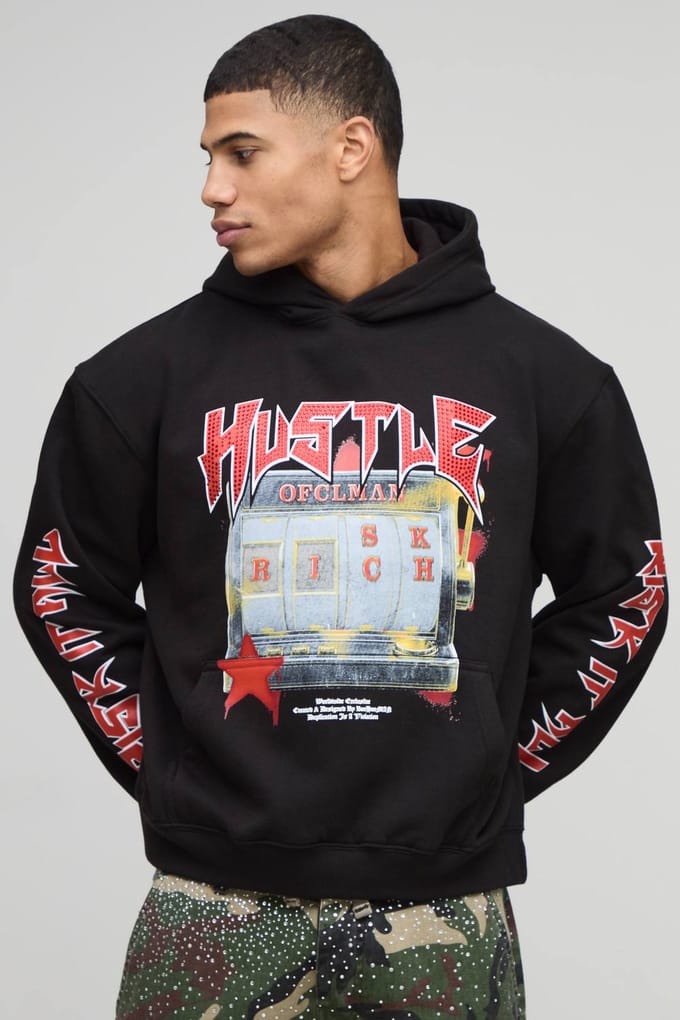 Zwarte oversized boxy Hustle slotmachine met rhinestone print hoodie | Black | Size Medium