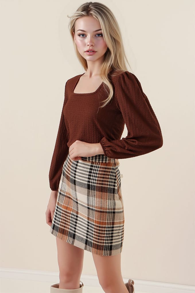 Gestructureerde Vierkante Kraag Lange Mouwen Blouse