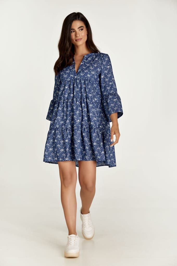 Indigo bloemen jurk met geplooide naden