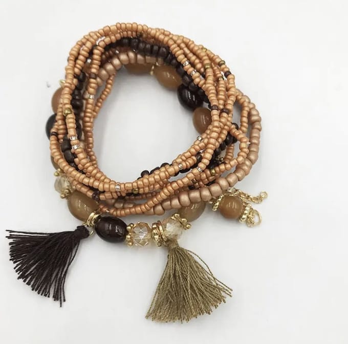 Jomide Armbandjes Bohemen Shell - Camel - 7 stuks