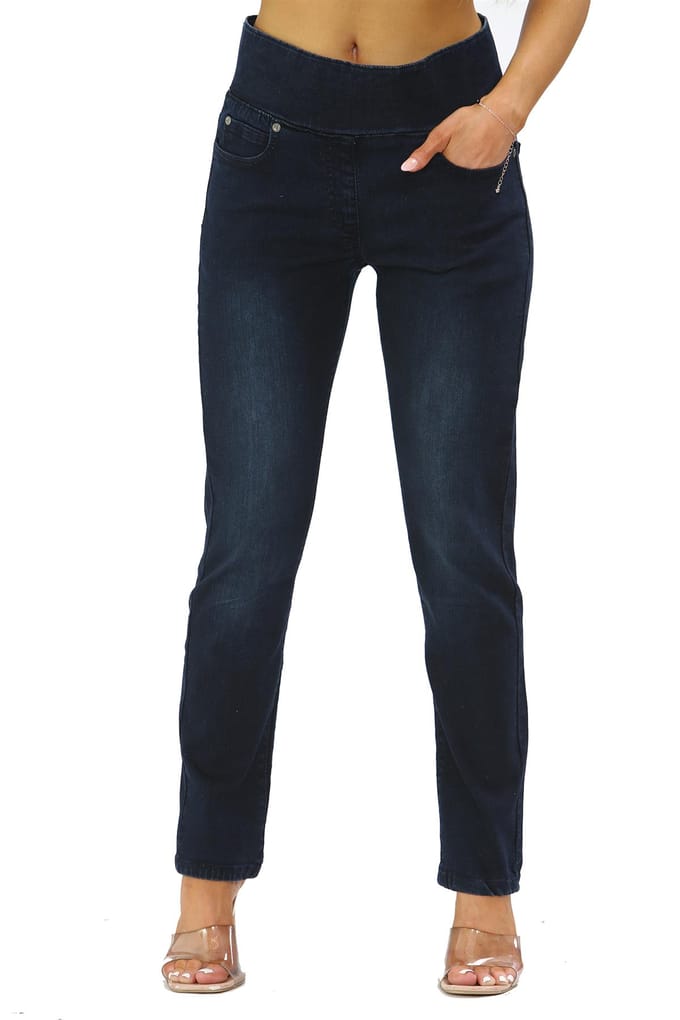 Damesjeans met elastische taille en buikcontrole in donkerblauw